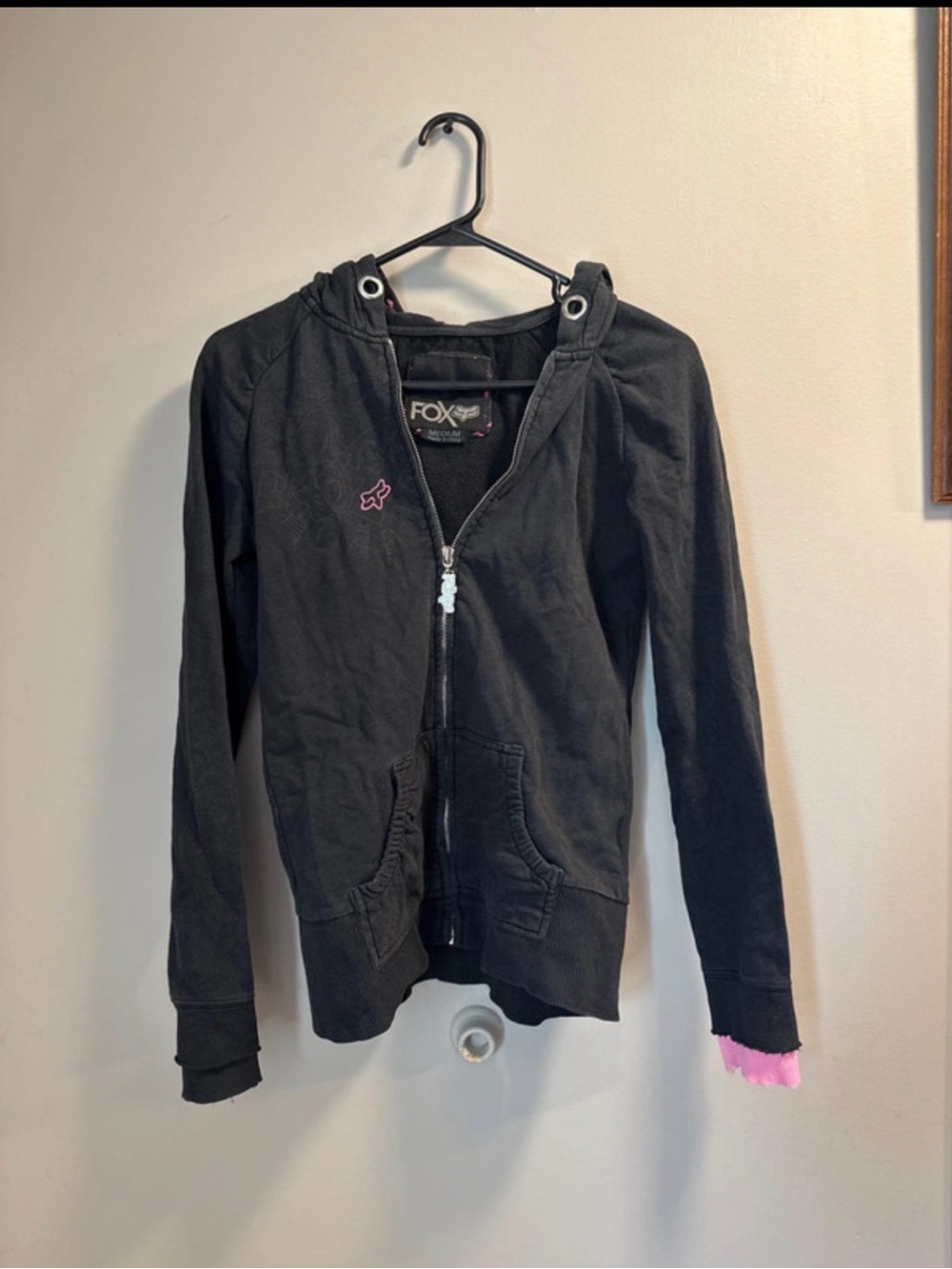Vintage FOX Black Zip-Up Hoodie with Pink Accents